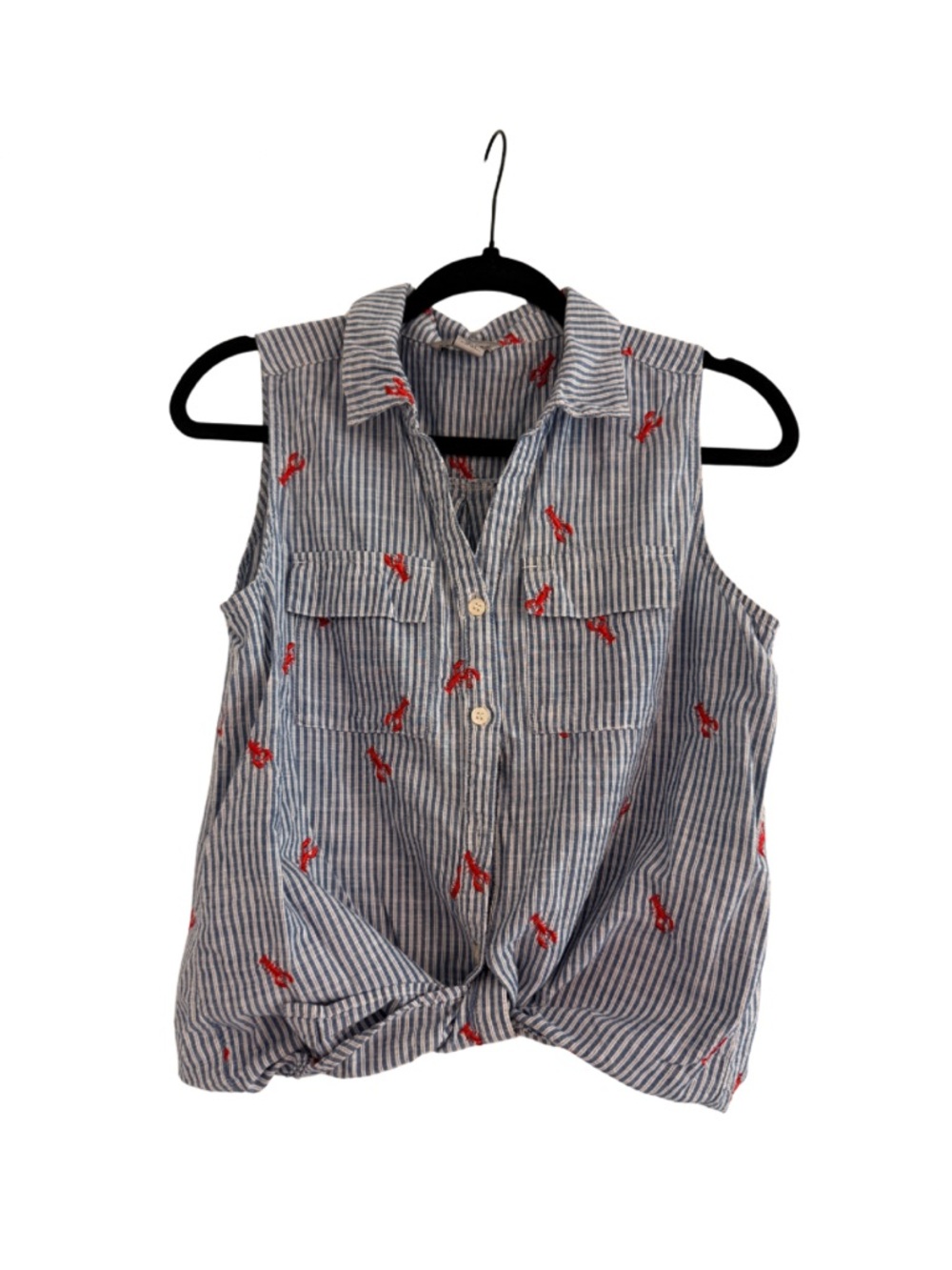 Bass Sleeveless Button Down Top Size S Blue White Stripe Lobster Embroidered
